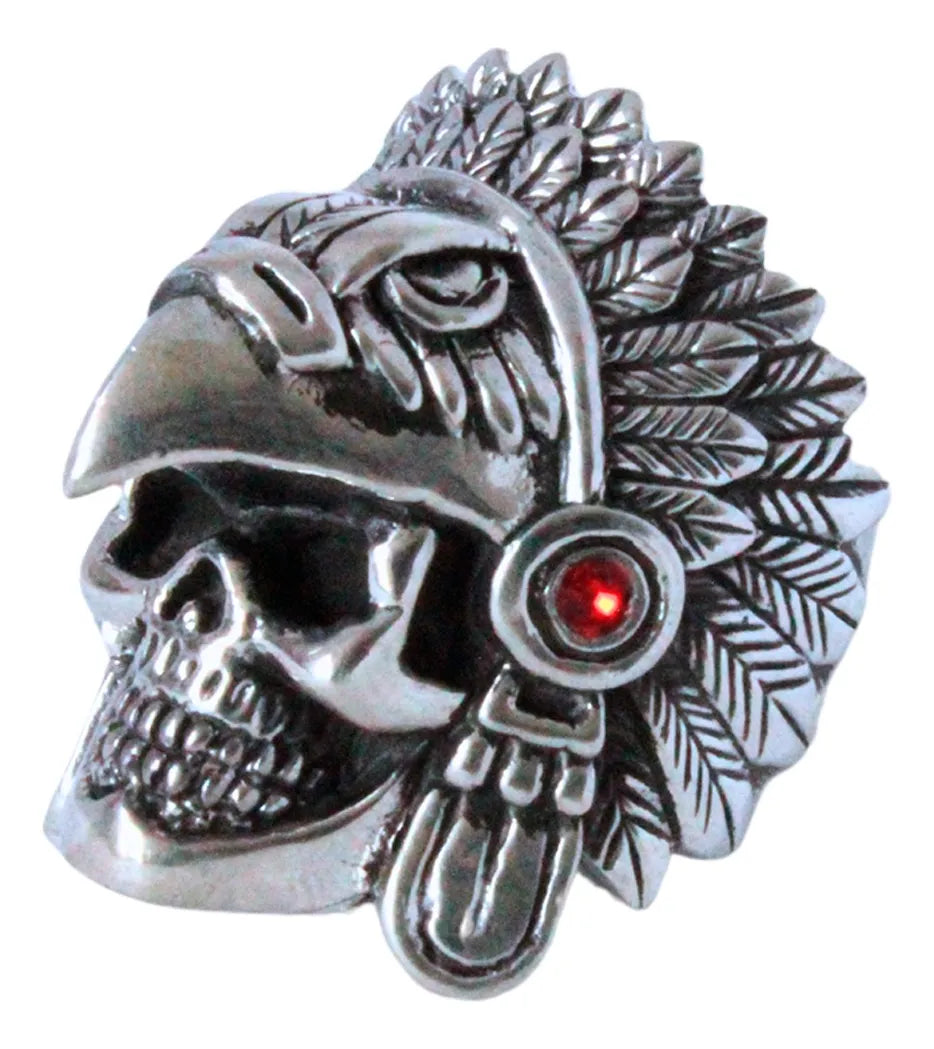 Anillo Guerrero Águila Azteca Plata 925 — Calavera con Piedras Granate