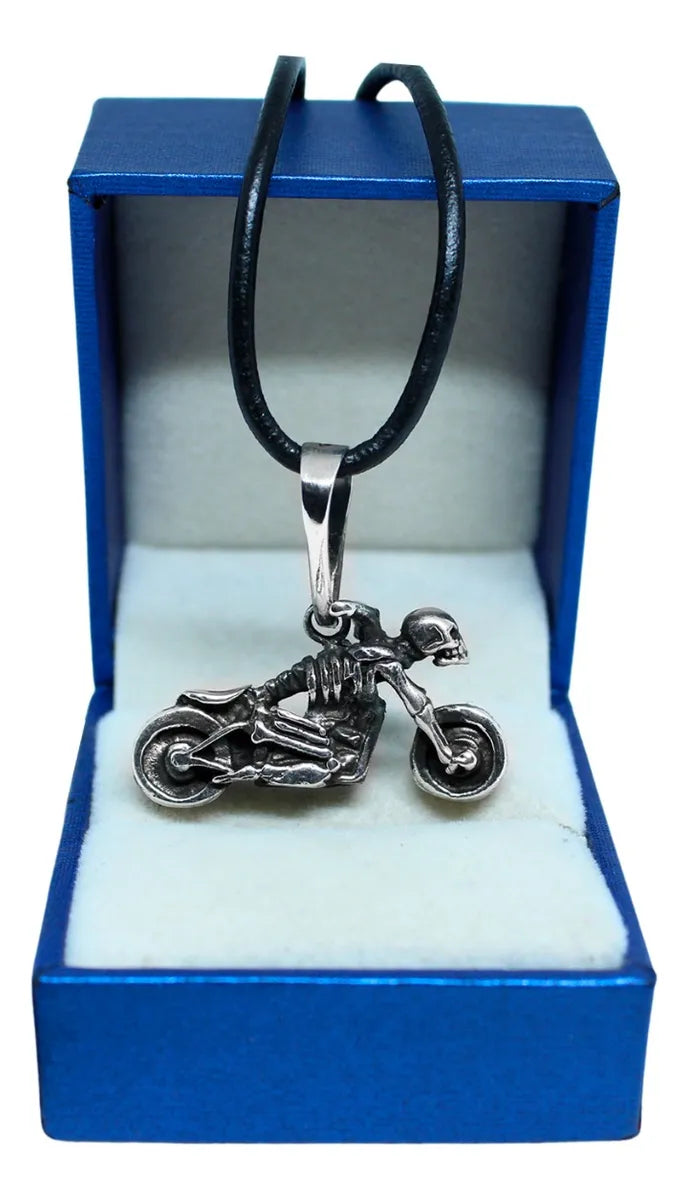 Dije Moto Calavera Chopper Plata 925 Cordón Piel Hombre