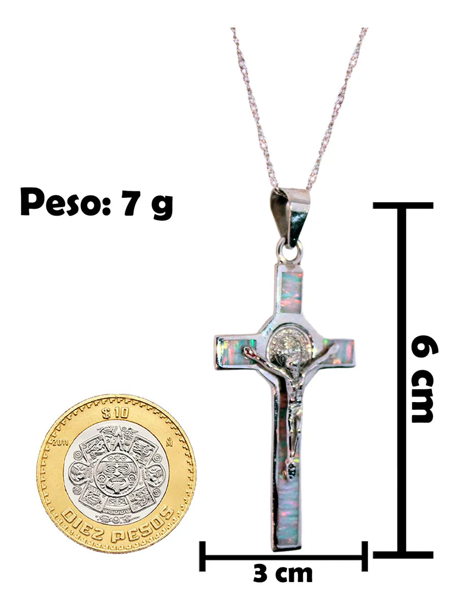Dije Cruz San Benito Crucifijo Plata 925 Con Cadena Ópalo Blanco Unicornio