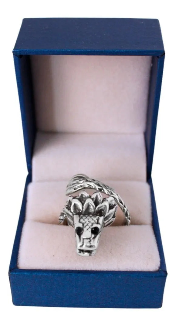 Anillo Quetzalcóatl Serpiente Ajustable Plata 925 Ojos Negro Ojos Negros