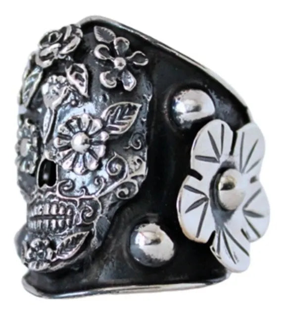 Anillo Mujer Calavera Flores Plata 925 Frida Kahlo Ajustable