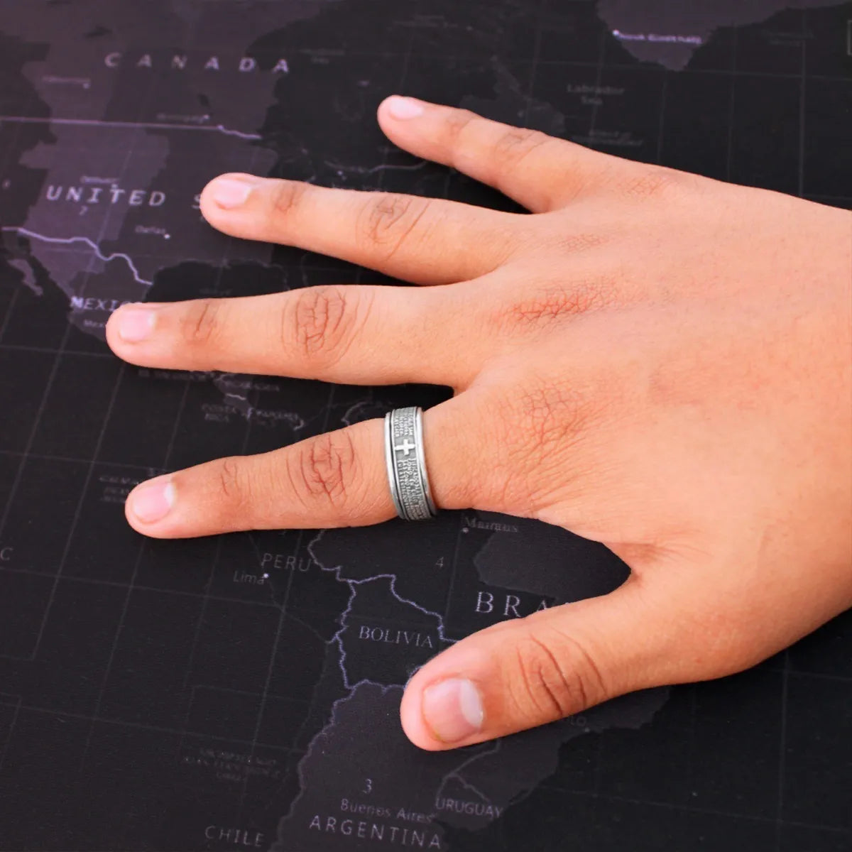 Argolla Antiestrés Plata 925 Padre Nuestro — Unisex y Giratoria