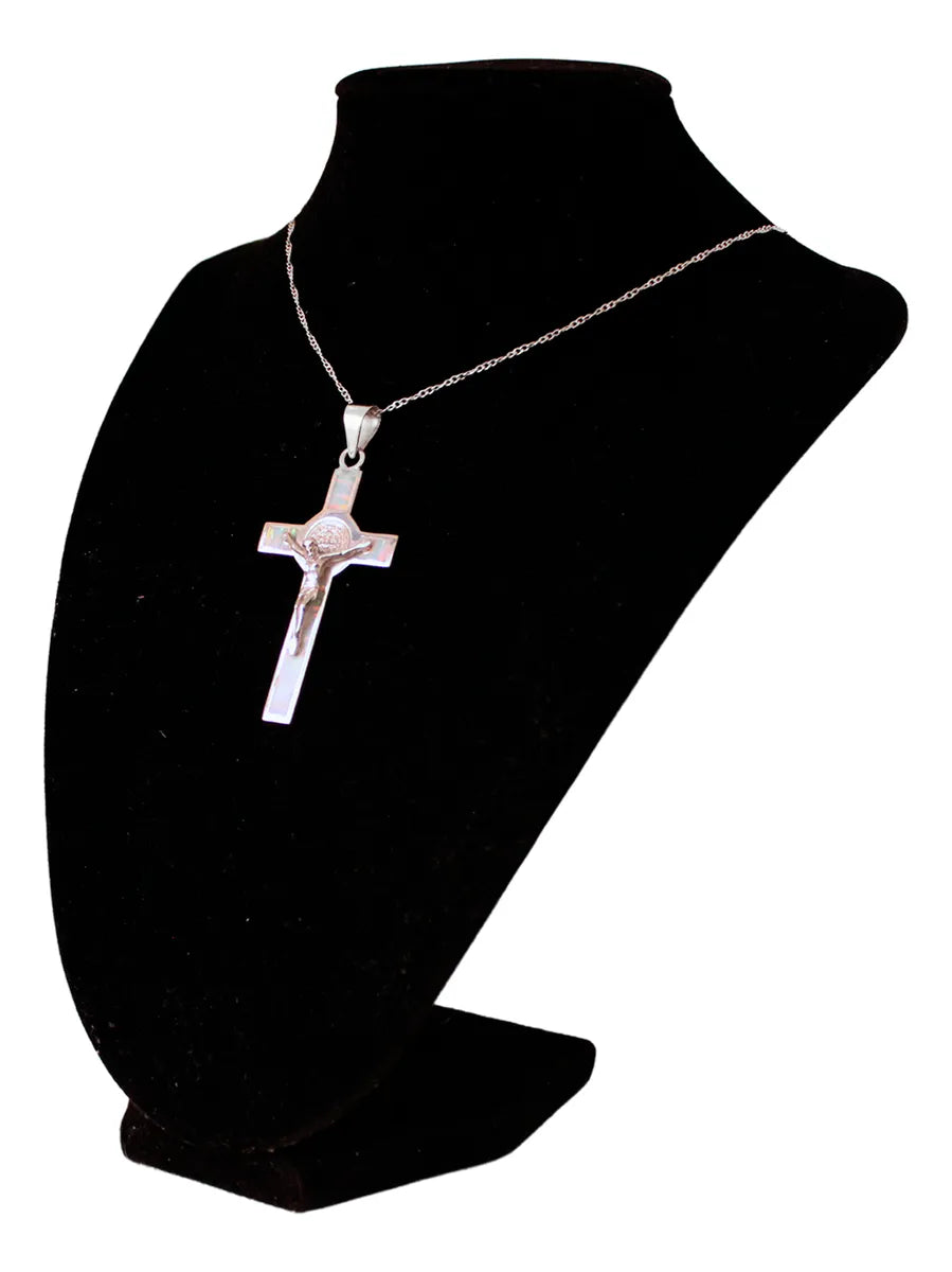 Dije Cruz San Benito Crucifijo Plata 925 Con Cadena Ópalo Blanco Unicornio