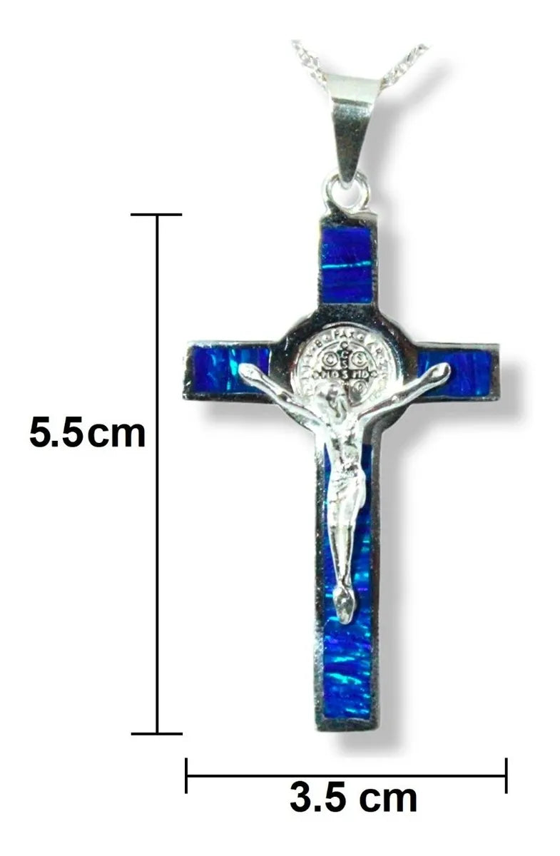 Dije Crucifijo San Benito Plata 925 Ópalo Cadena Hombre Nice - Azul Rey