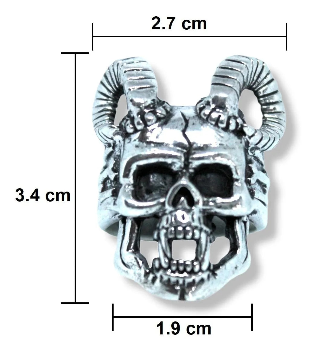 Anillo Cráneo Demonio Con Cuernos Plata 925 Hombre Gótico