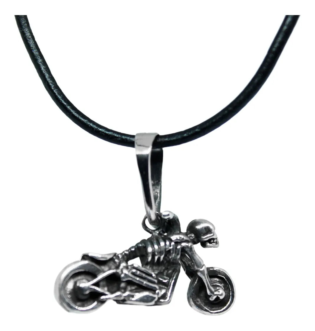 Dije Moto Calavera Chopper Plata 925 Cordón Piel Hombre