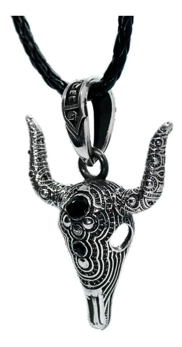 Dije Cabeza Toro Pavonado Cráneo Plata925 Hombre Cordón Piel Plata