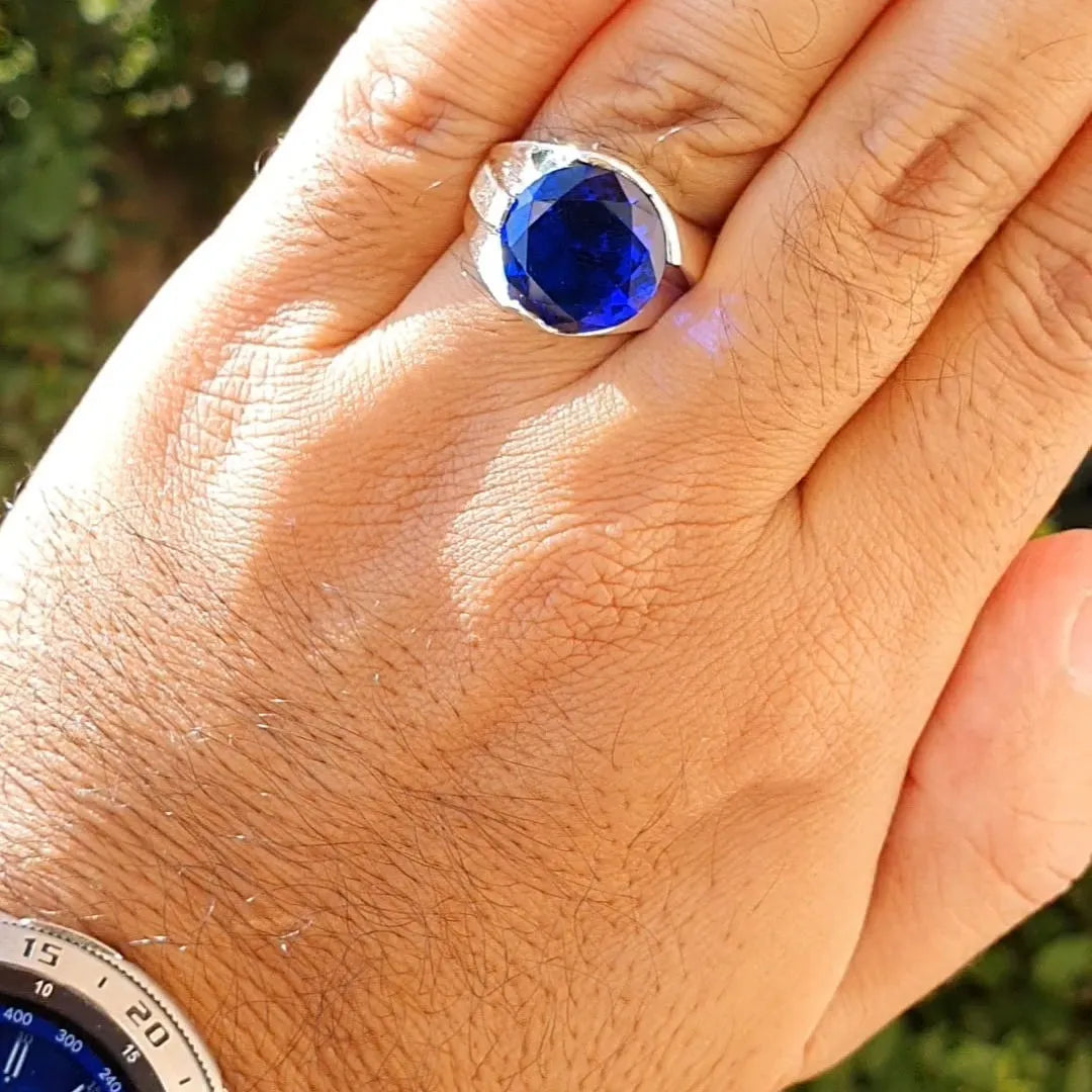 Anillo Plata 925 Zafiro Azul 14mm Joyería Diseño Exclusivo