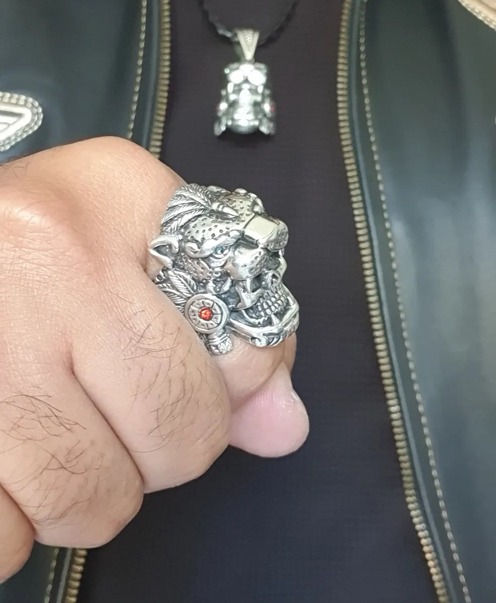 Anillo Guerrero Jaguar Azteca Plata 925 Hombre Macizo Fino