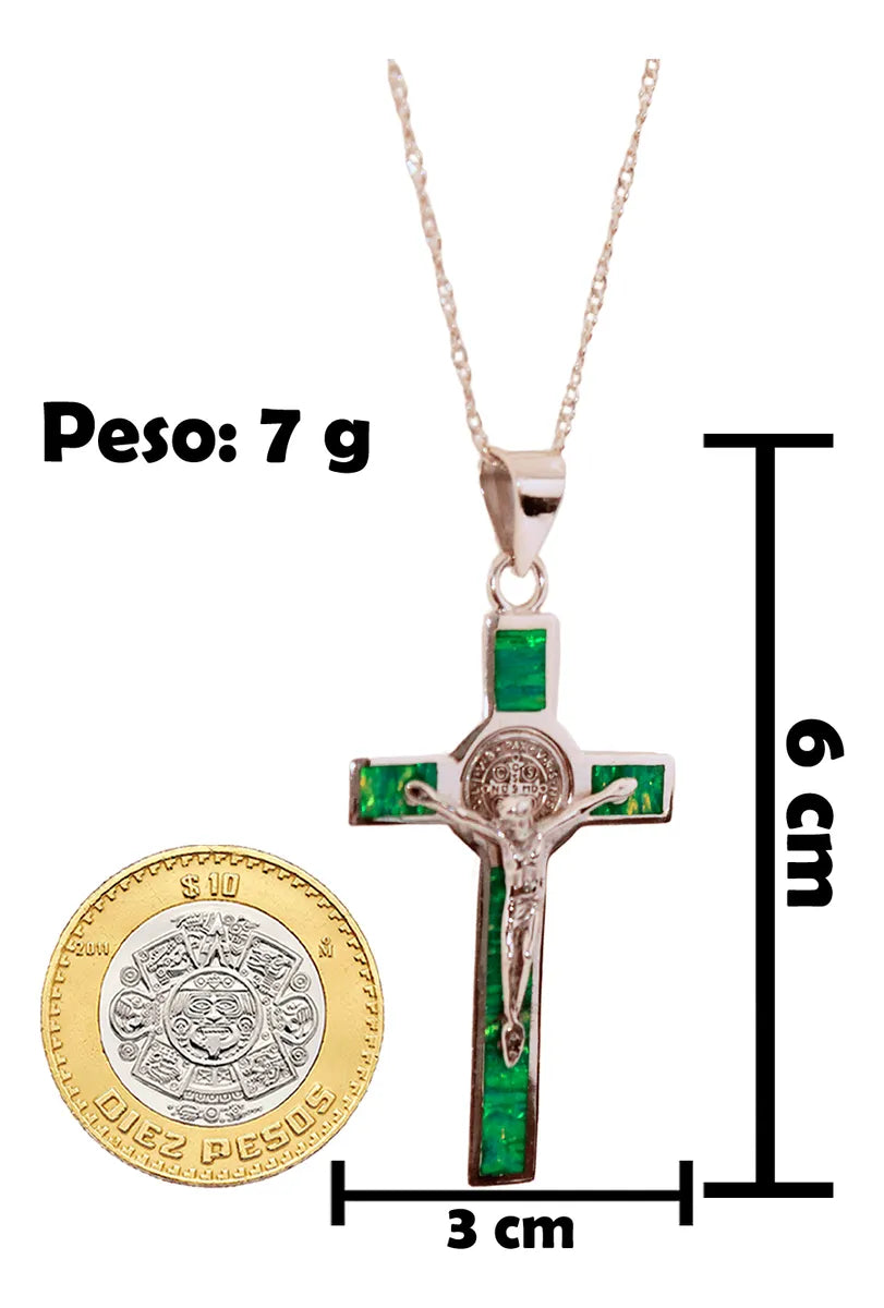 Dije Crucifijo San Benito Plata 925 Ópalo Taxco Con Cadena Malaquita