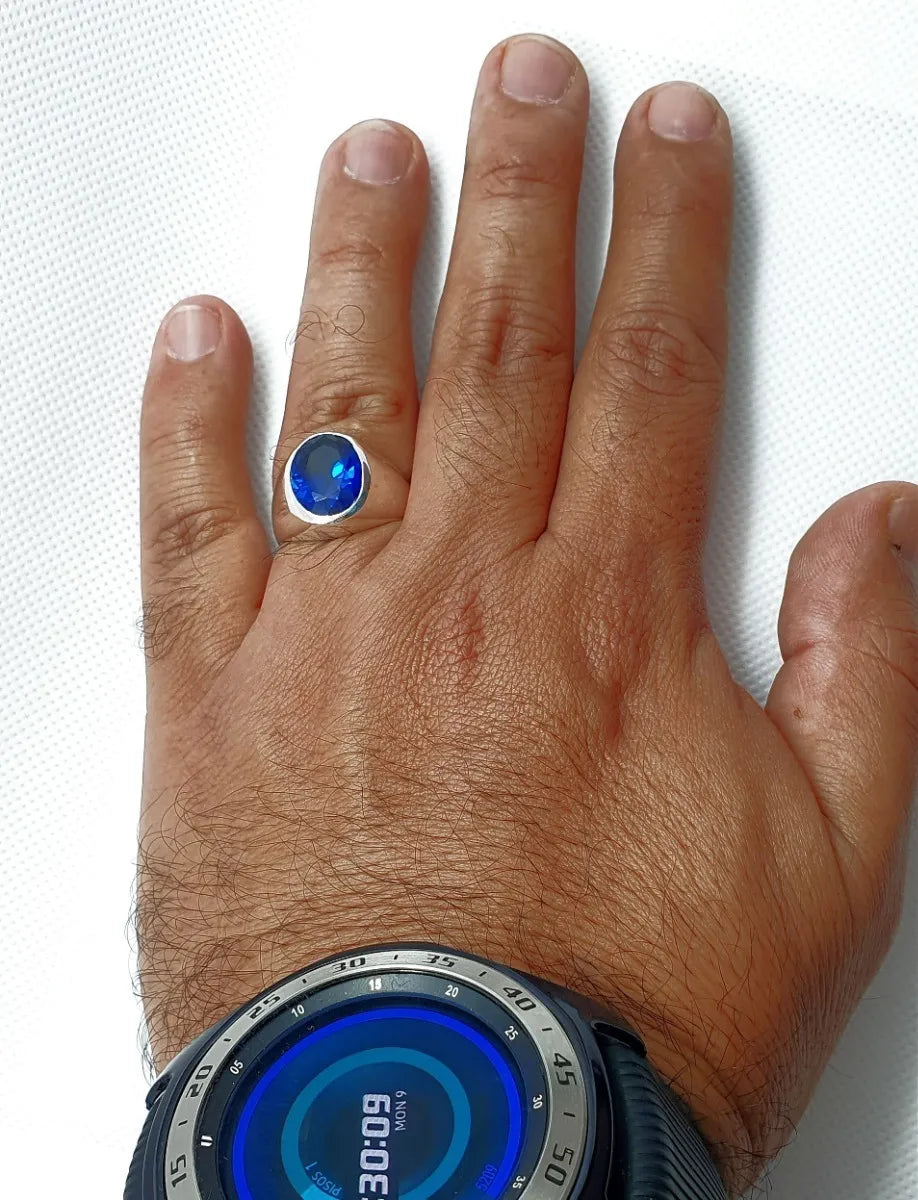 Anillo Hombre Plata 925 Zafiro Azul Octavio Elegante 10x12mm