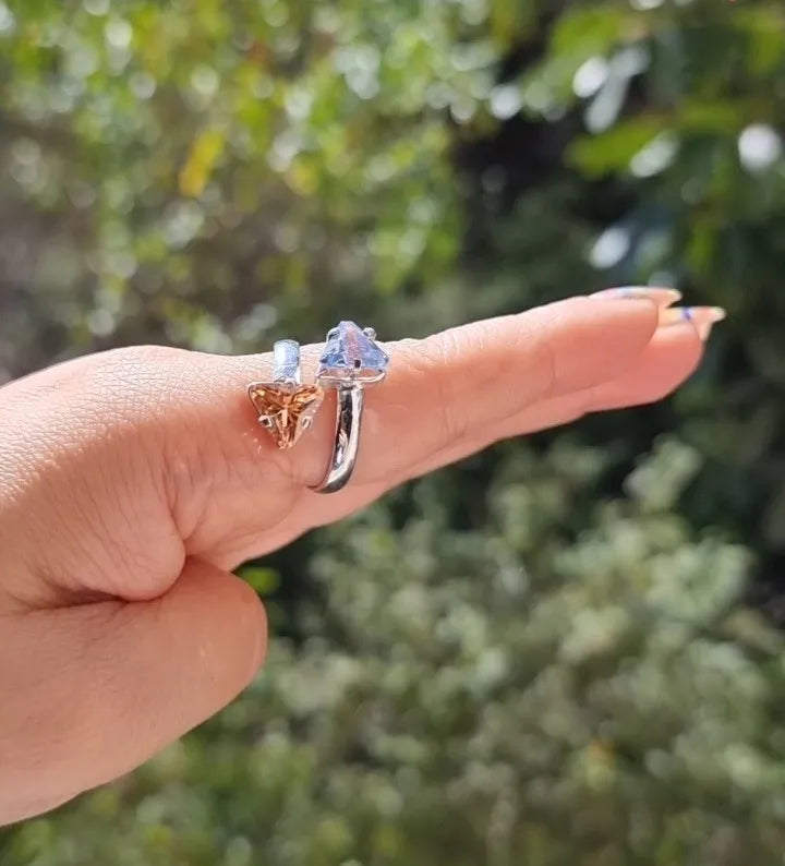 Anillo De Mujer Coatlicue Plata 925 Promesa Dama Compromiso Dorado Y Aguamarina