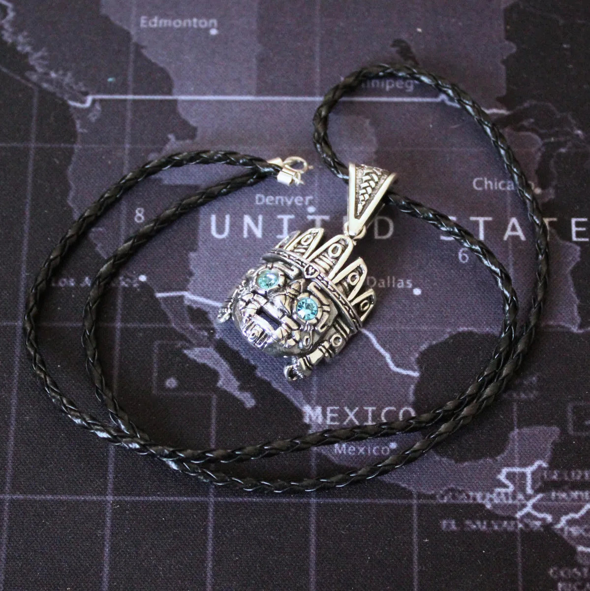 Dije Dios Tlaloc Plata 925 Azteca Maya Cordón Piel Hombre Plateado