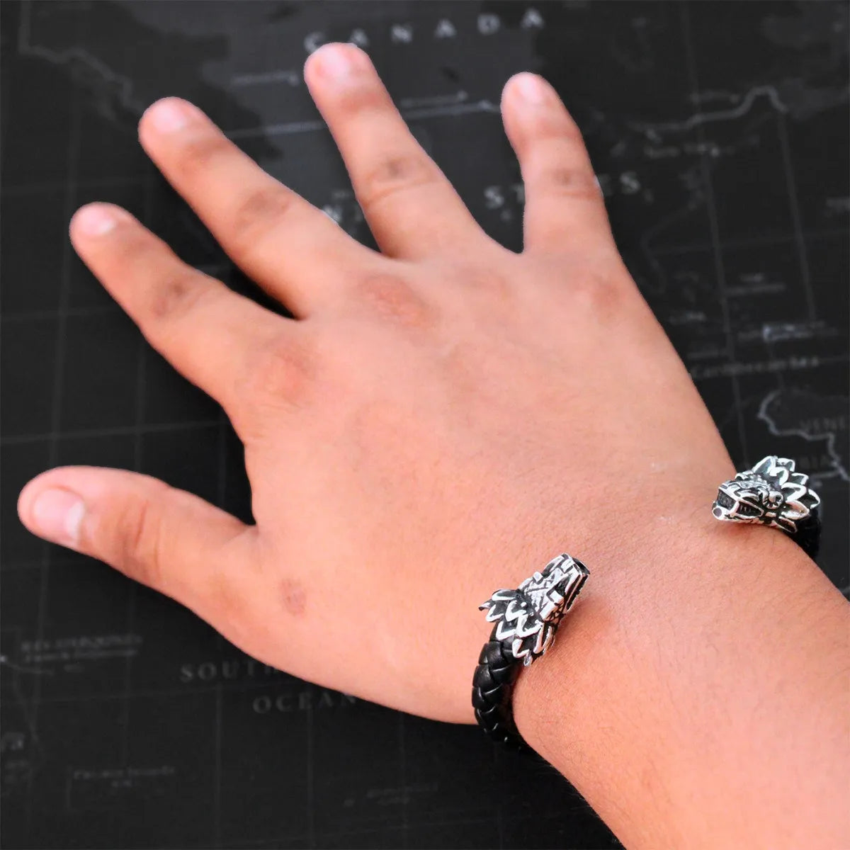 Pulsera Quetzalcóatl Hombre Plata 925 Piel Genuina Ajustable Plata