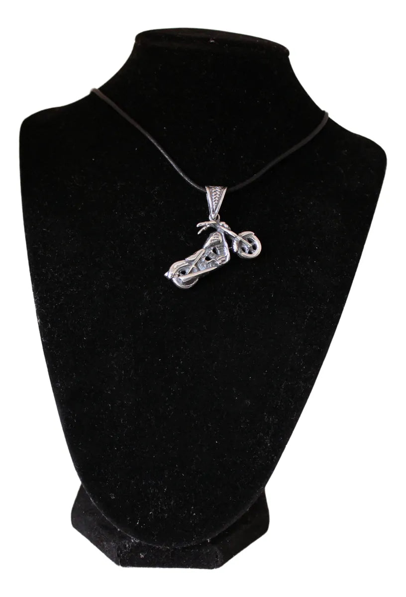 Dije Moto Chopper Calavera Plata 925 Hombre Cordón Piel Nice Plateado