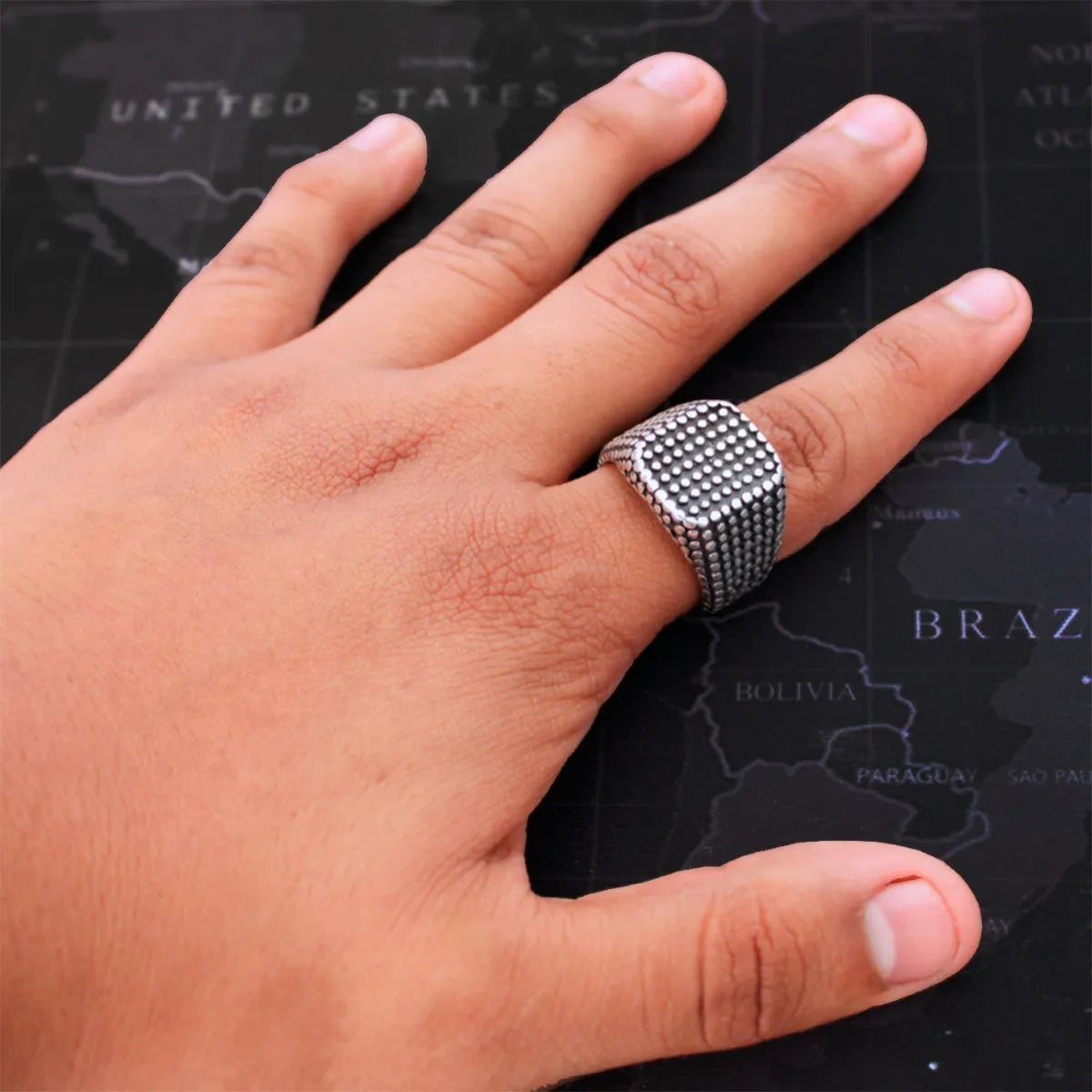 Anillo Hombre Plata 925 Pavonado Vintage Lunares Macizo