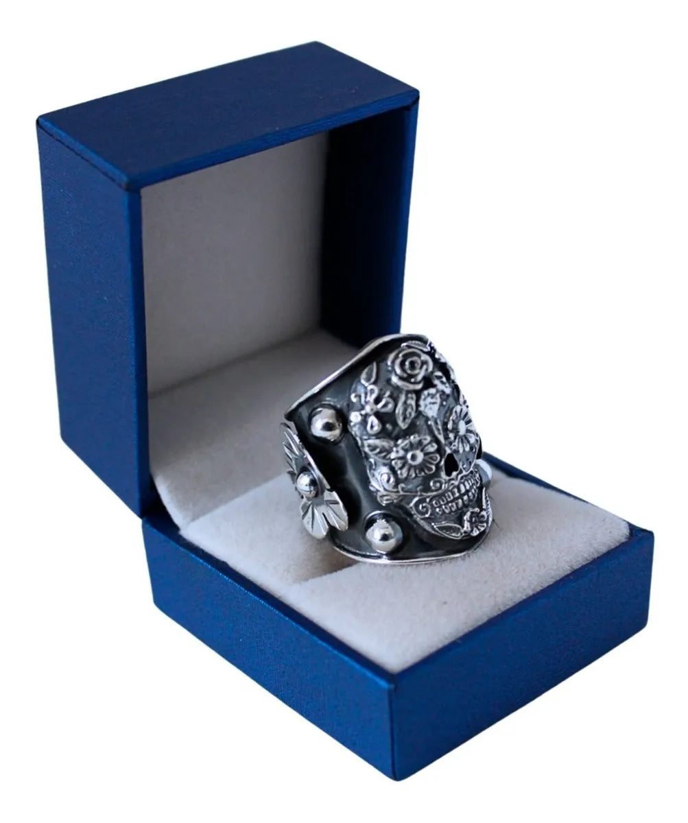 Anillo Mujer Calavera Flores Plata 925 Frida Kahlo Ajustable