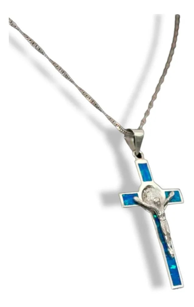 Dije Crucifijo San Benito Plata 925 Ópalo Cadena Hombre Nice - Azul Cielo
