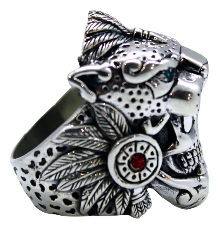 Anillo Guerrero Jaguar Azteca Plata 925 Hombre Macizo Fino