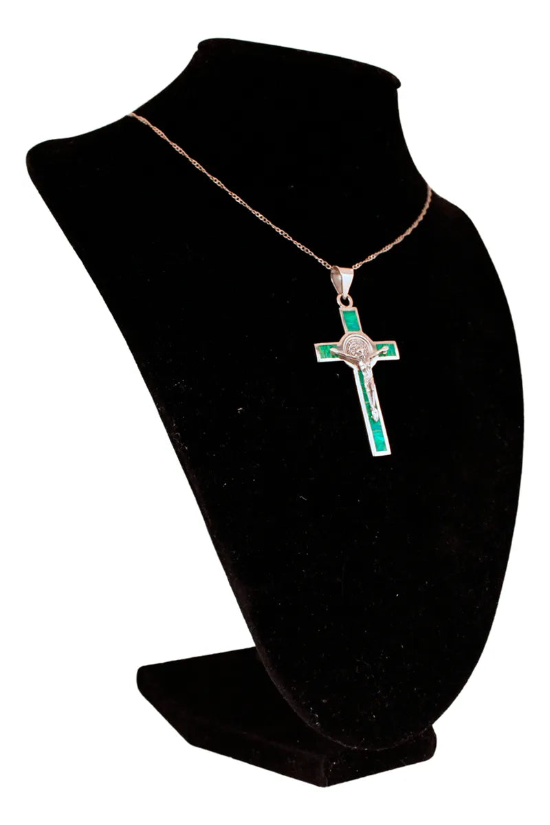 Dije Crucifijo San Benito Plata 925 Ópalo Taxco Con Cadena Malaquita