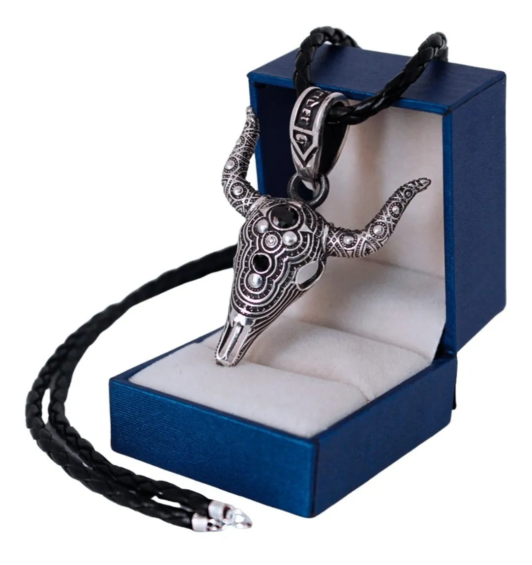 Dije Cabeza Toro Pavonado Cráneo Plata925 Hombre Cordón Piel Plata