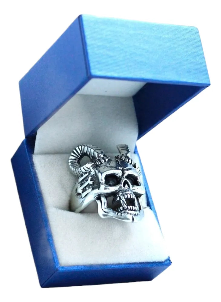 Anillo Cráneo Demonio Con Cuernos Plata 925 Hombre Gótico