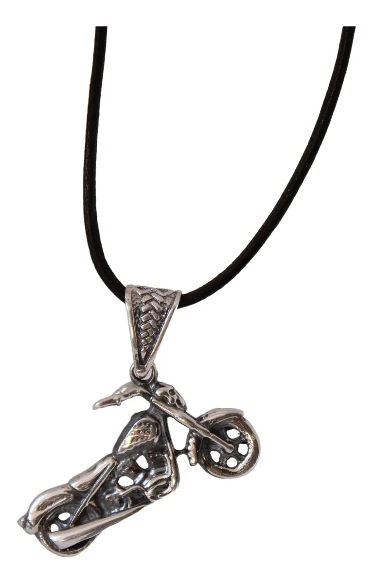 Dije Moto Chopper Calavera Plata 925 Hombre Cordón Piel Nice Plateado