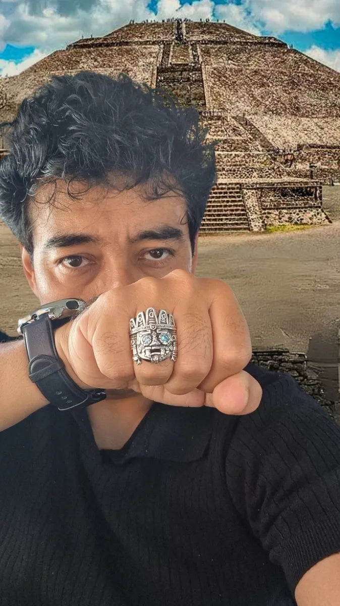 Anillo Tlaloc Plata 925 Zirconia Azul Maya Azteca Hombre