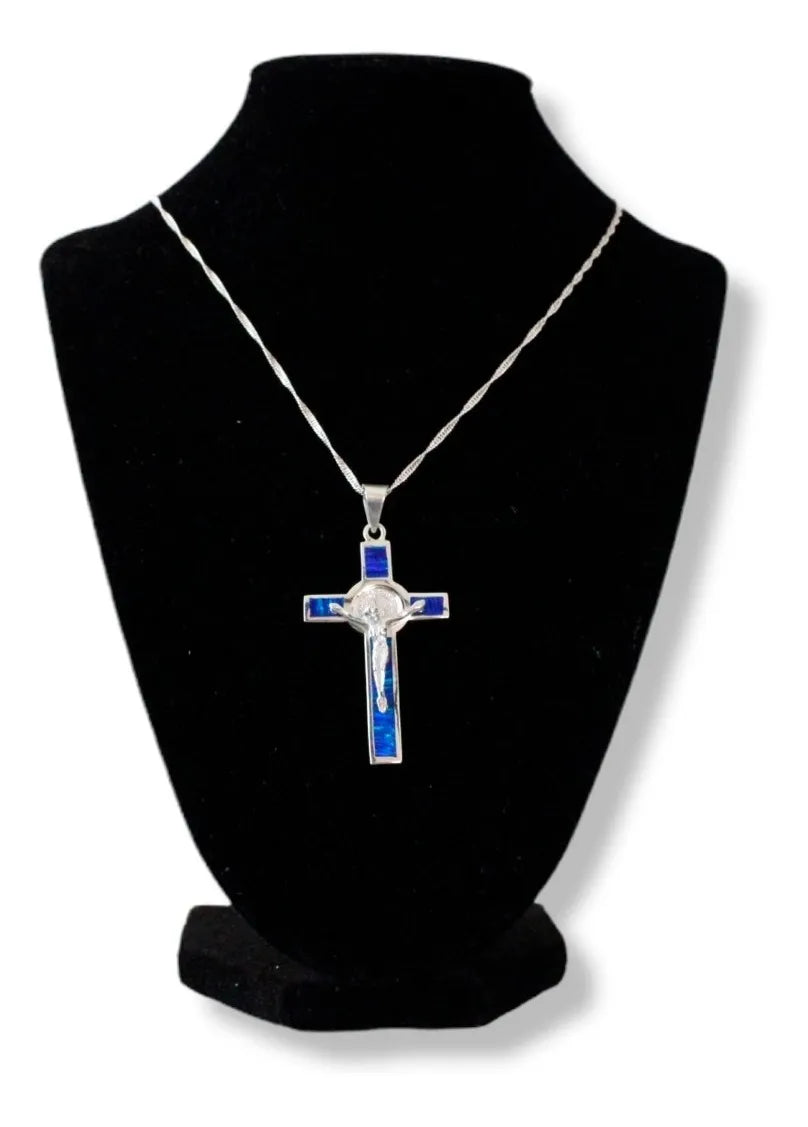 Dije Crucifijo San Benito Plata 925 Ópalo Cadena Hombre Nice - Azul Rey