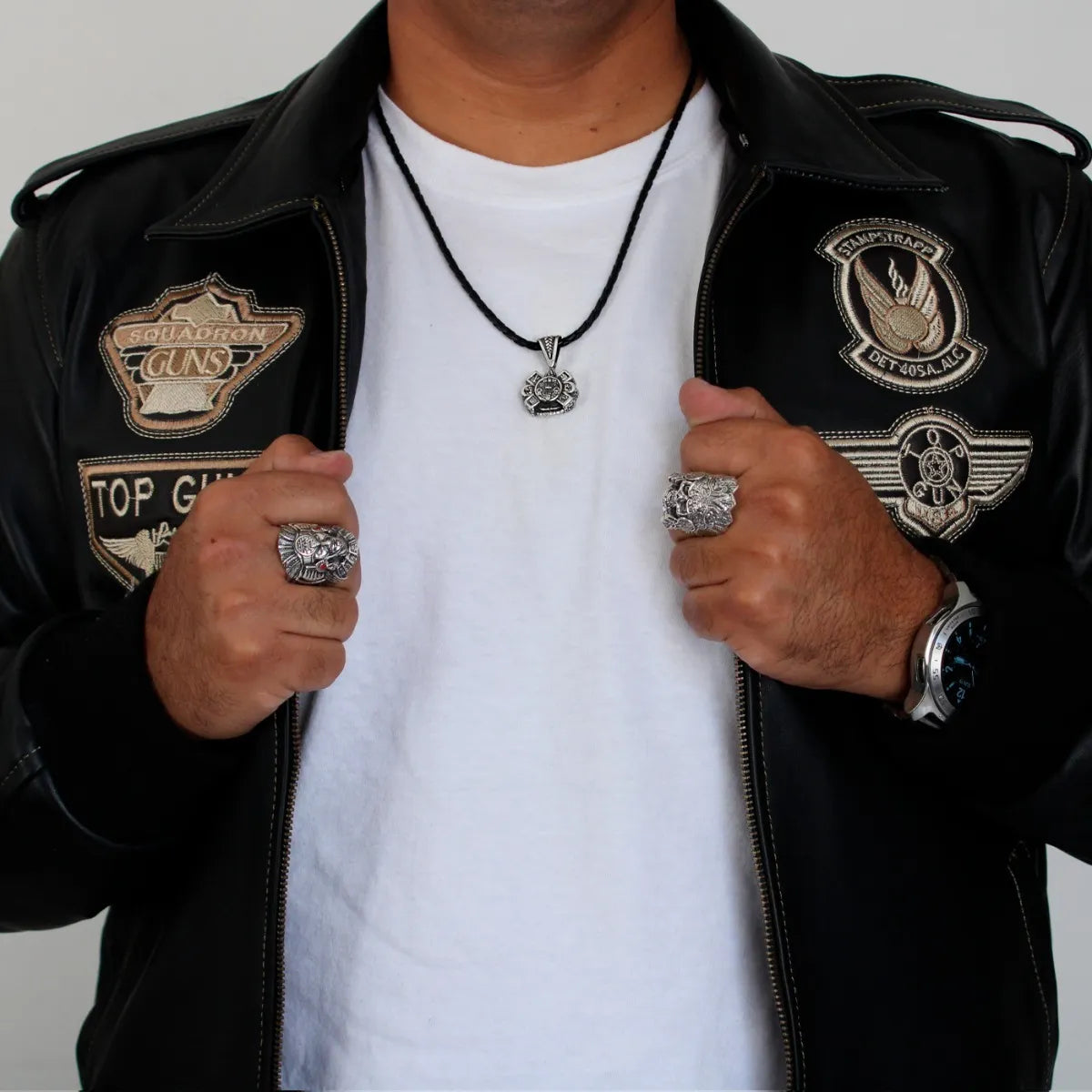 Dije Sol Calendario Azteca Plata 925 Hombre Cordón Piel