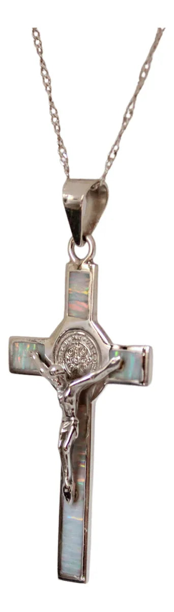 Dije Cruz San Benito Crucifijo Plata 925 Con Cadena Ópalo Blanco Unicornio