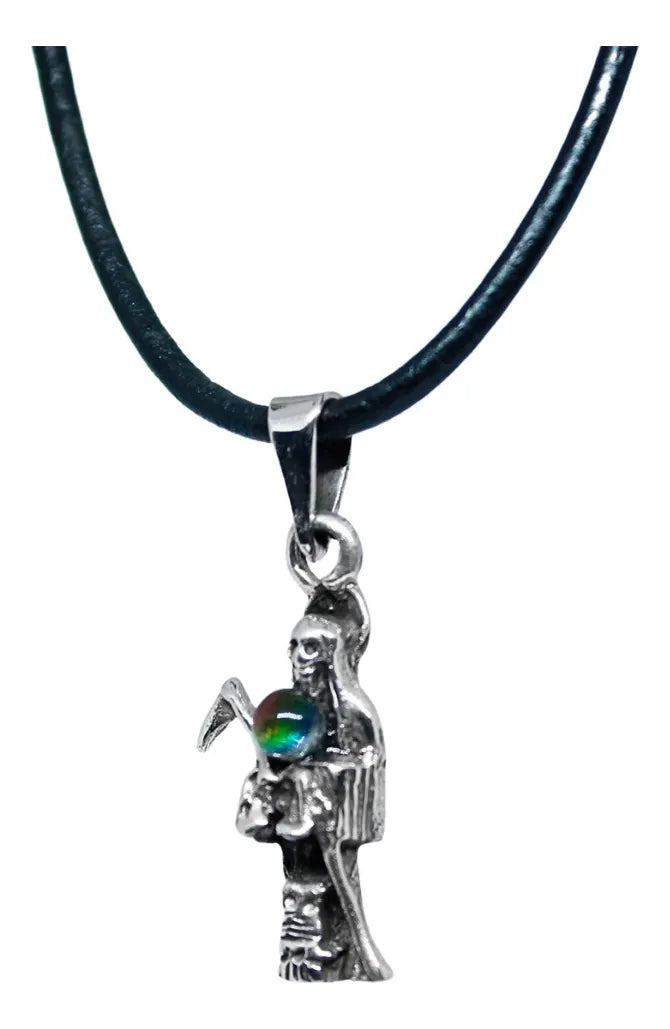 Dije Santa Muerte Plata 925 Esfera Tornasol con Cordón de Piel Unisex | Joyería Gamma