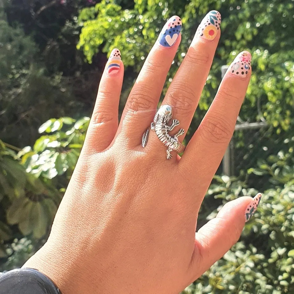 Anillo Ajolote Mexicano Plata 925 Zirconia Ajustable Axolotl