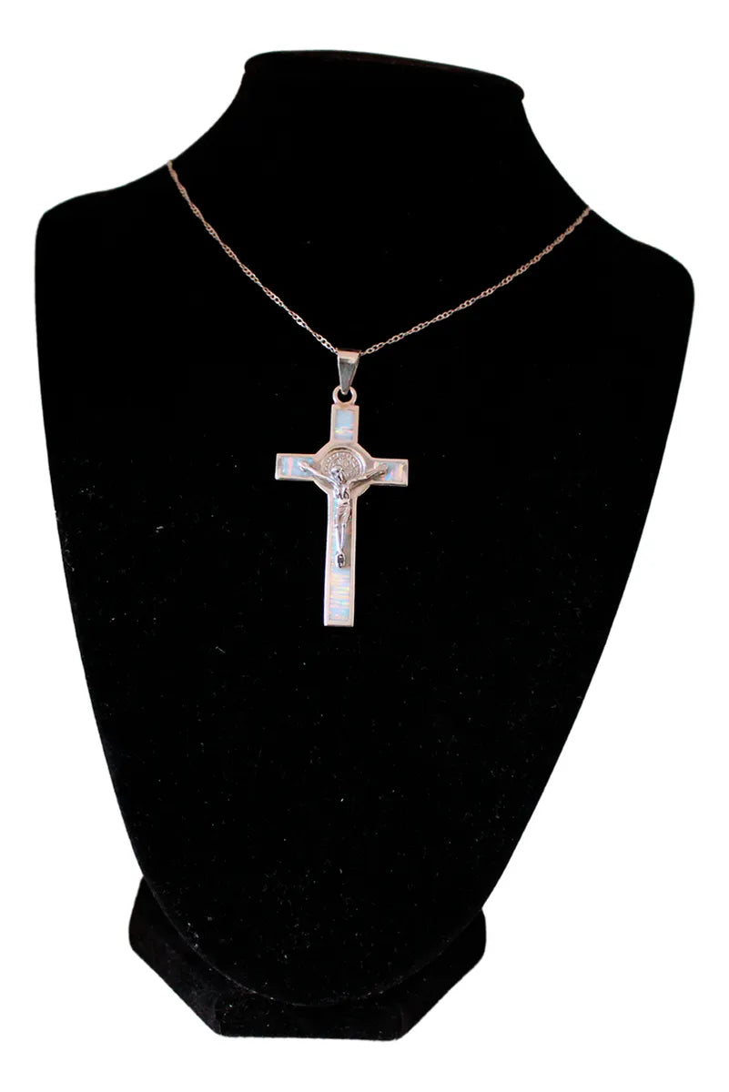 Dije Cruz San Benito Crucifijo Plata 925 Con Cadena Ópalo Blanco Unicornio
