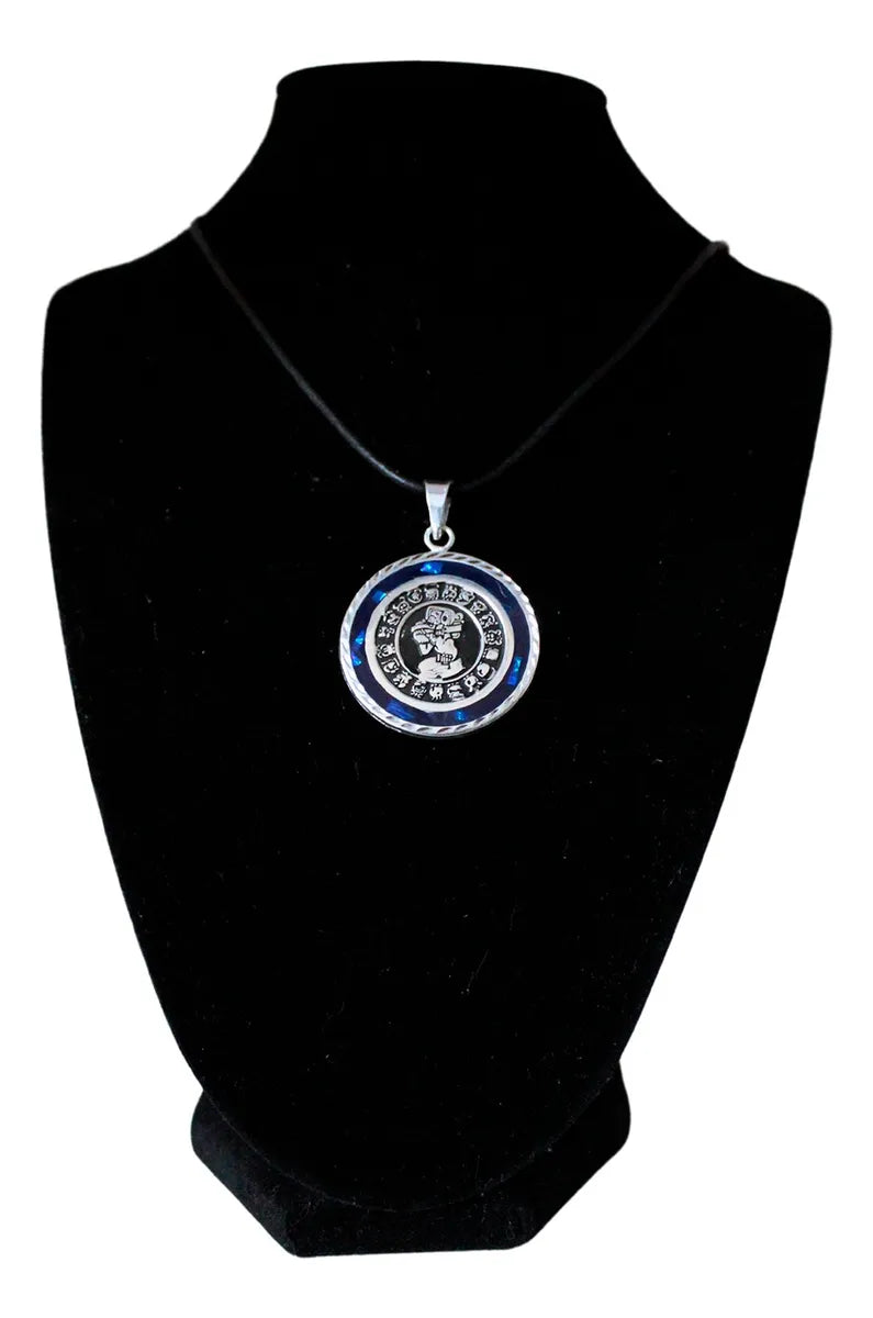 Collar Dije Calendario Azteca Maya Ópalo Azul Plata Hombre