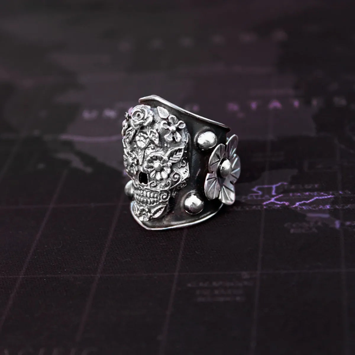 Anillo Mujer Calavera Flores Plata 925 Frida Kahlo Ajustable