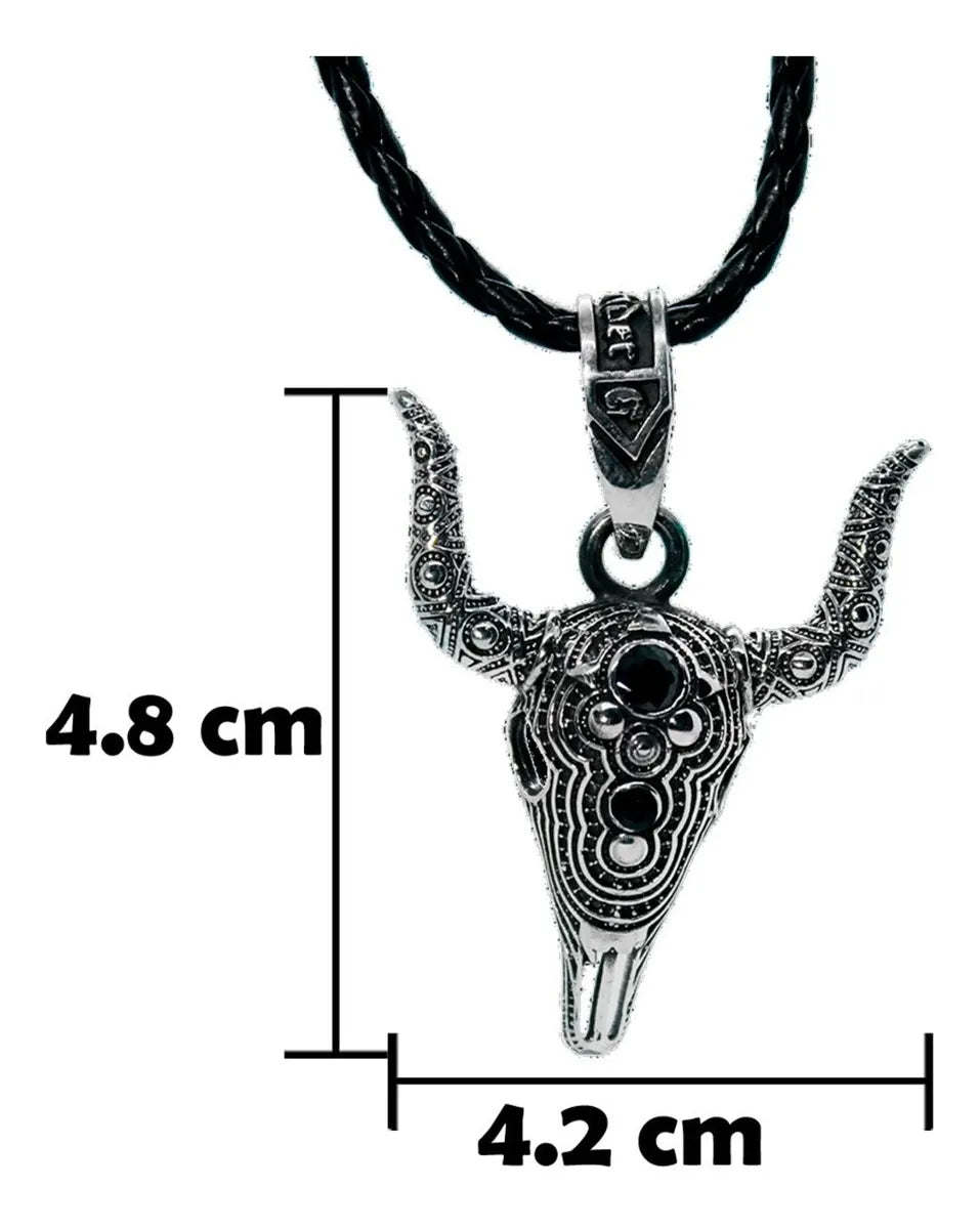 Dije Cabeza Toro Pavonado Cráneo Plata925 Hombre Cordón Piel Plata