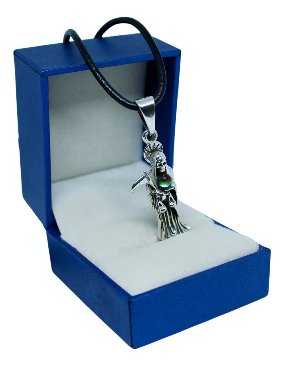 Dije Santa Muerte Plata 925 Cordón Piel Esfera Tornasol | Joyería Gamma