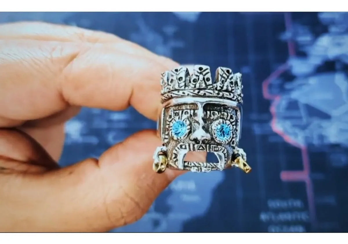 Anillo Dios Azteca Tlaloc Plata 925 Hombre Zirconia Caballero | Joyería Gamma