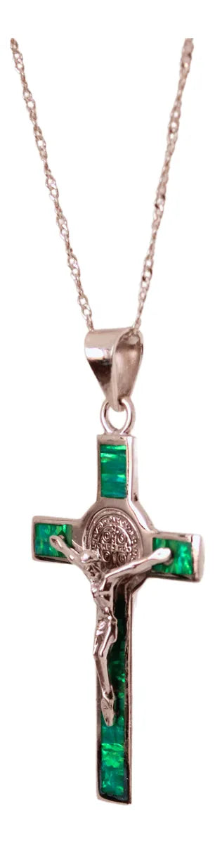 Dije Crucifijo San Benito Plata 925 Ópalo Taxco Con Cadena Malaquita
