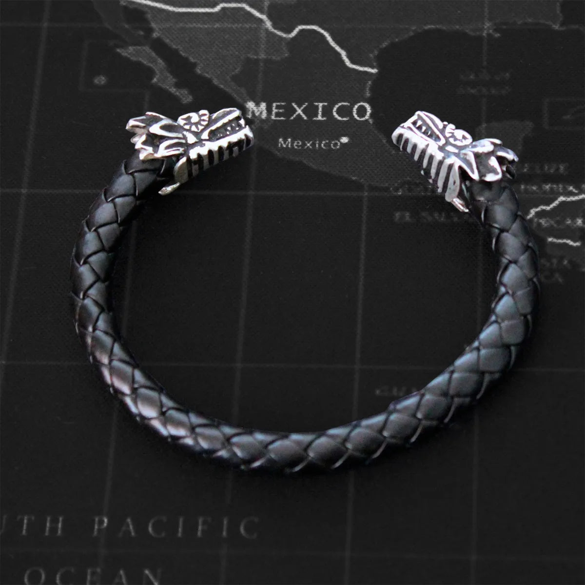 Pulsera Quetzalcóatl Hombre Plata 925 Piel Genuina Ajustable Plata