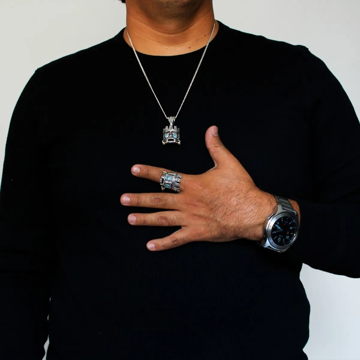 Dije Dios Tlaloc Plata 925 Hombre Azteca Caballero Con Piel