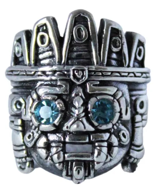 Anillo Tlaloc Plata 925 Zirconia Azul Maya Azteca Hombre