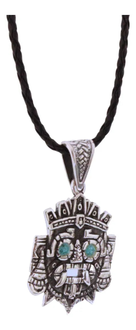 Collar Hombre Plata 925 Dije Tlaloc Azteca Cordón Piel Nice