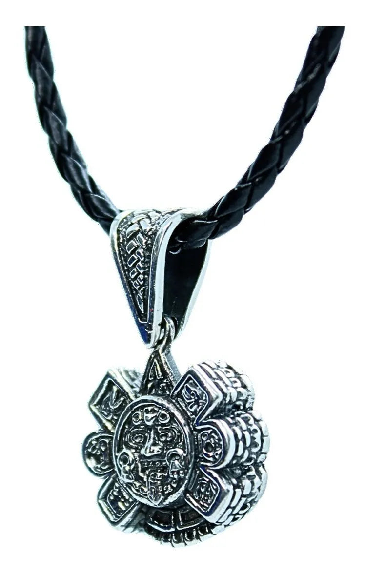 Dije Sol Calendario Azteca Plata 925 Hombre Cordón Piel