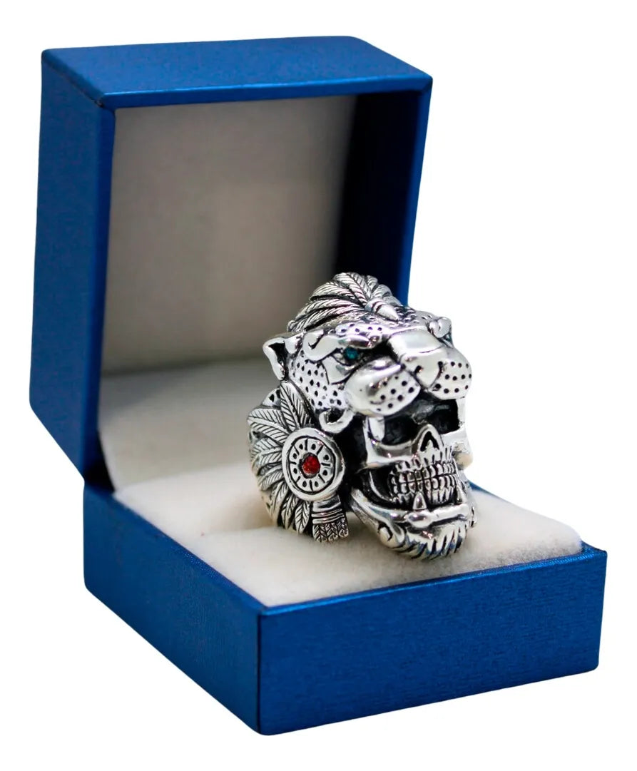 Anillo Guerrero Jaguar Azteca Plata 925 Hombre Macizo Fino