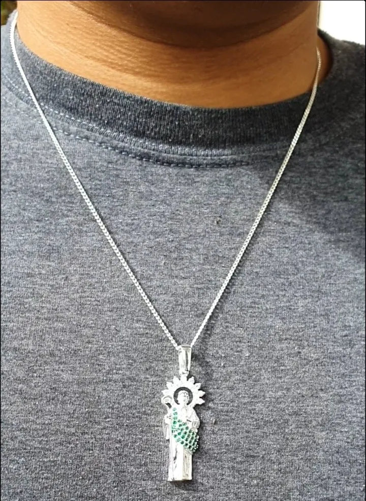 Dije San Judas Plata 925 Manto Esmeralda Zirconias Cadena