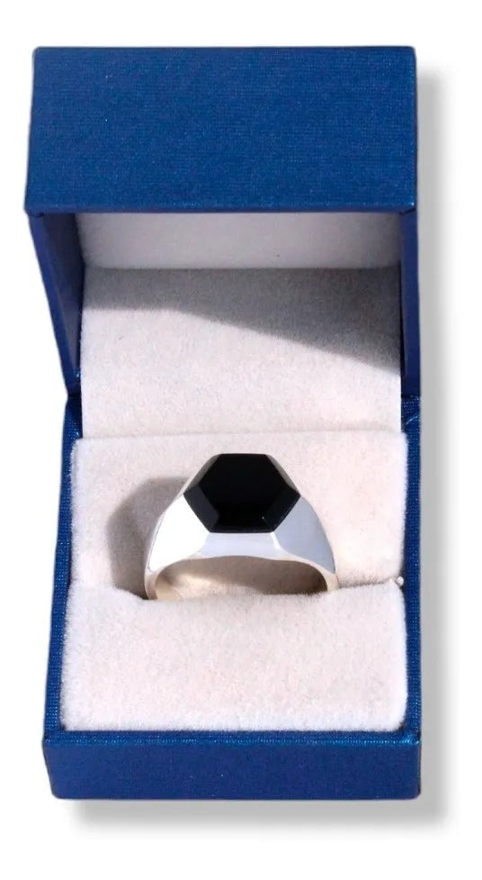 Anillo Hombre Plata 925 Pitágoras Piedra Ónix Hexagonal