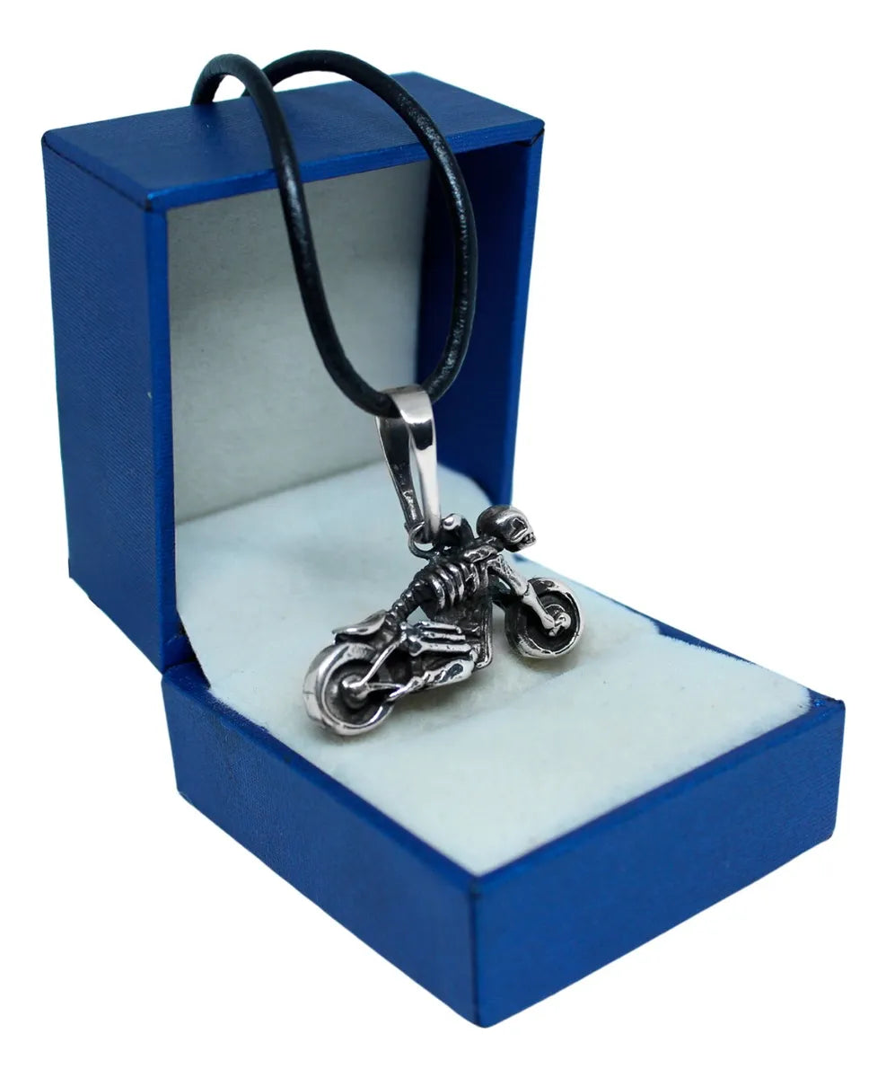 Dije Moto Calavera Chopper Plata 925 Cordón Piel Hombre