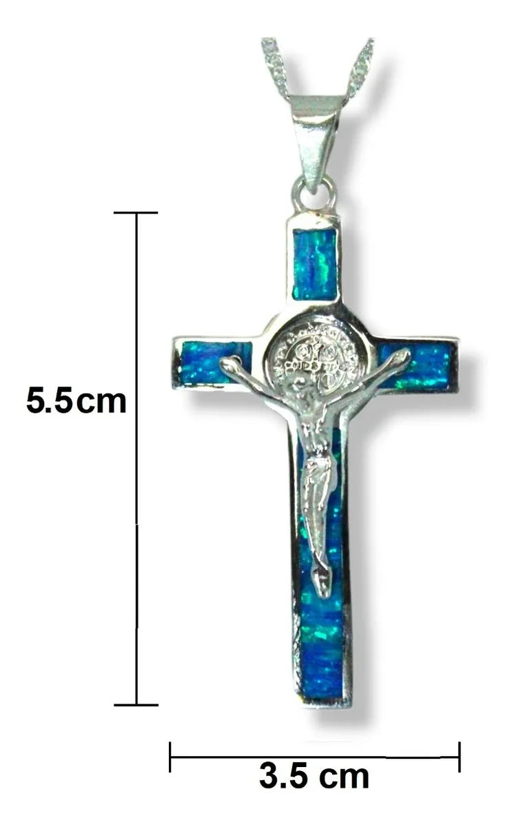 Dije Crucifijo San Benito Plata 925 Ópalo Cadena Hombre Nice - Azul Cielo